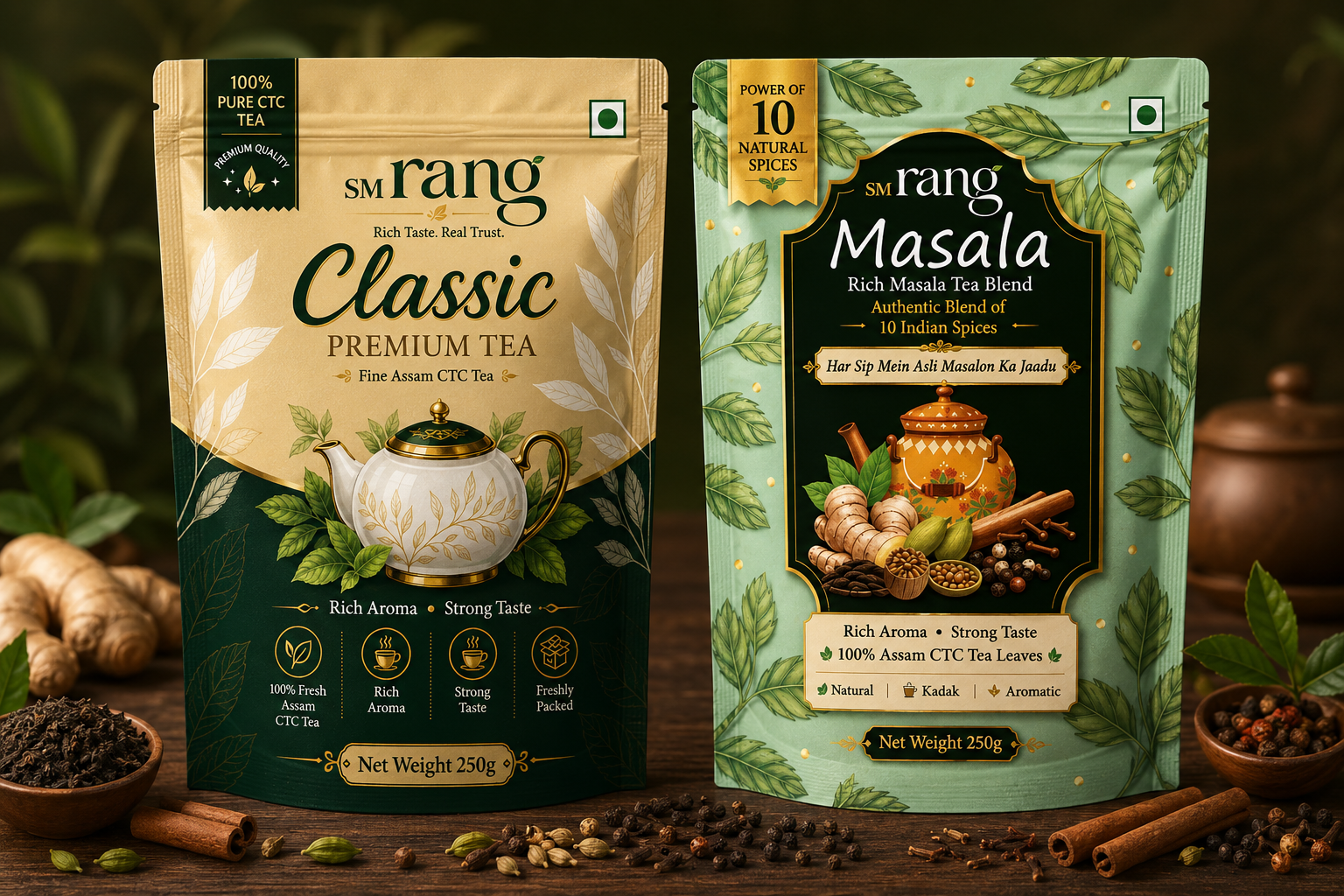 RANG Classic, Masala and Gulab premium chai patti packets
